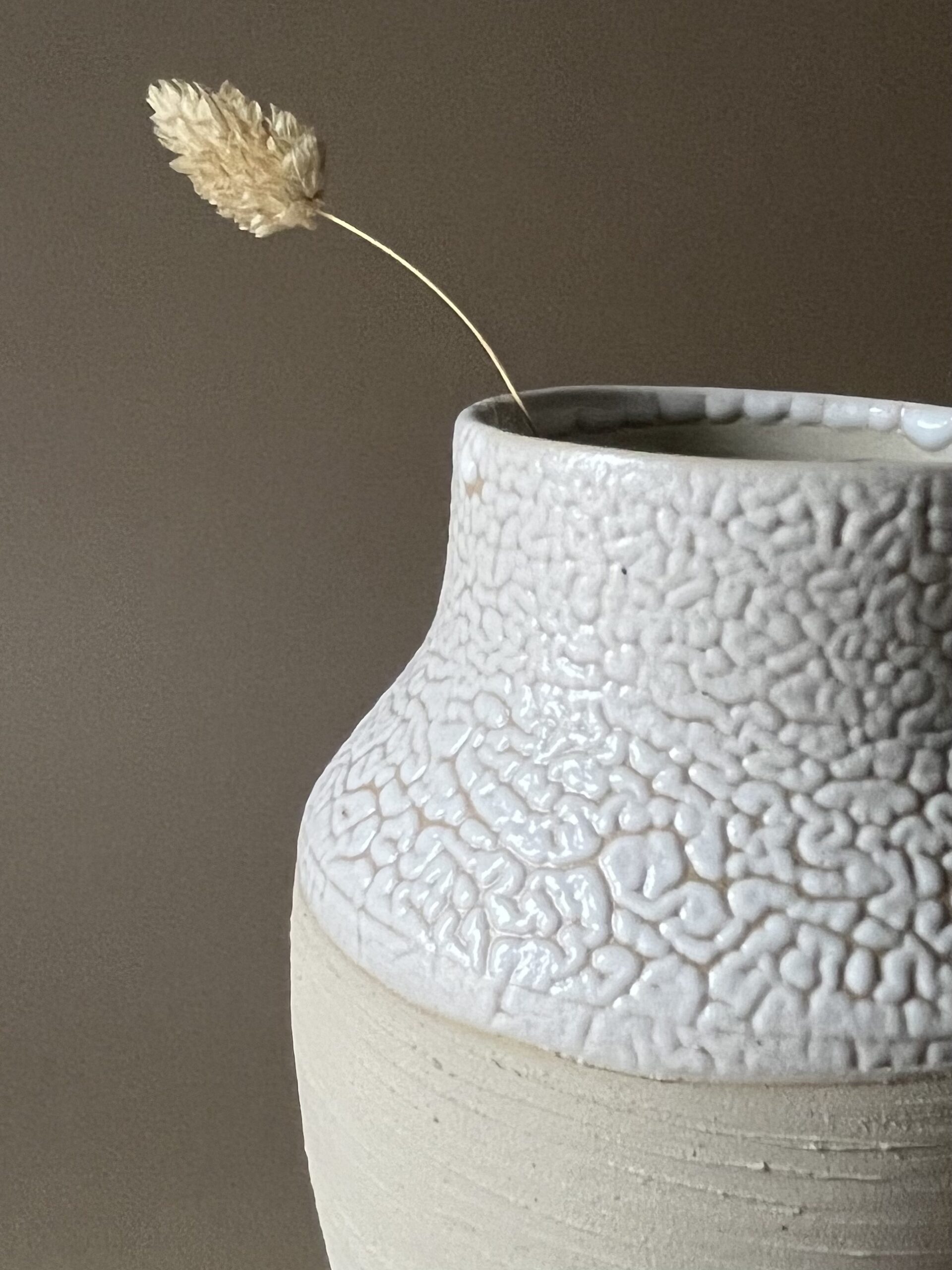 Gros plan sur le col large émaillé blanc rétracté d'un vase Winter en grès beige strié, graminée